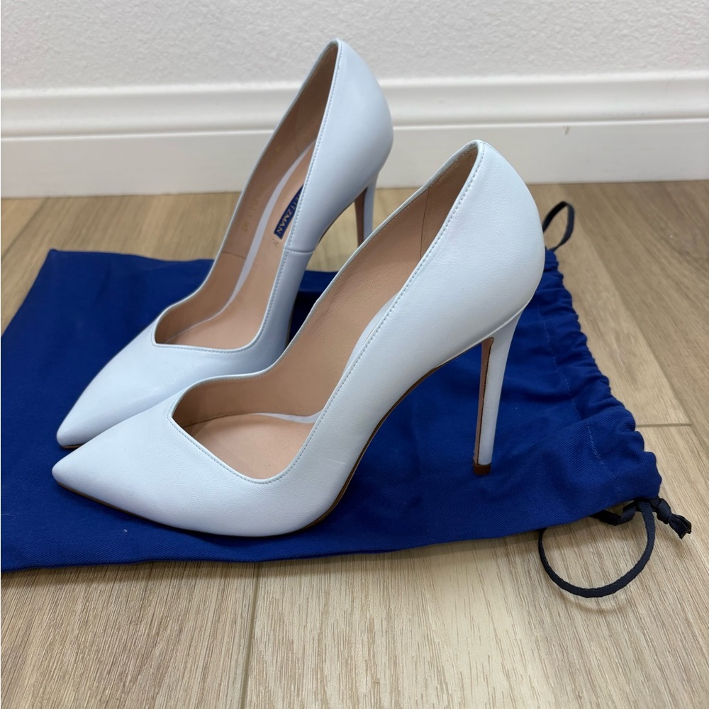Stuart Weitzman Anny Baby Blue Pointed Toe Leather Pumps - Picture 2 of 7